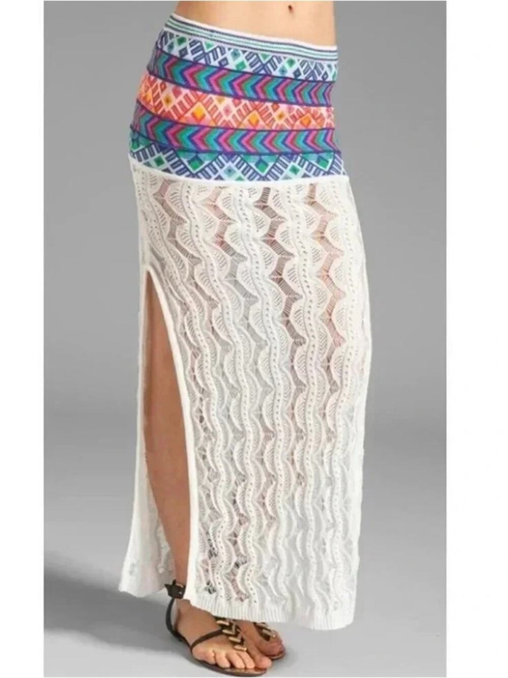 Jens Pirate Booty Women’s Malibu Embroidered Boho White Lace Slit Maxi Skirt